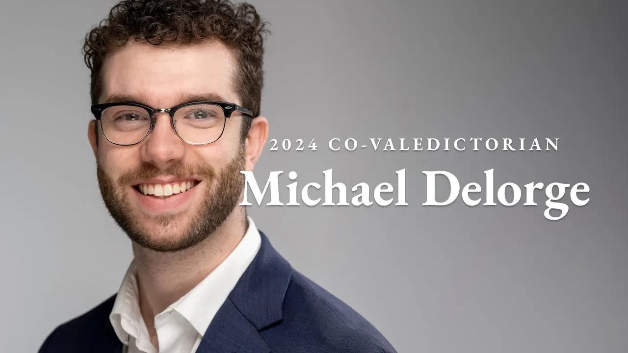 A photo of Michael Delorge with the text "2024 co-valedictorian Michael Delorge"