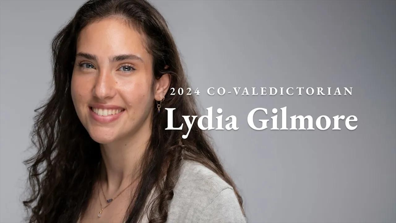 A photo of Lydia Gilmore with the text "2024 co-valedictorian Lydia Gilmore"